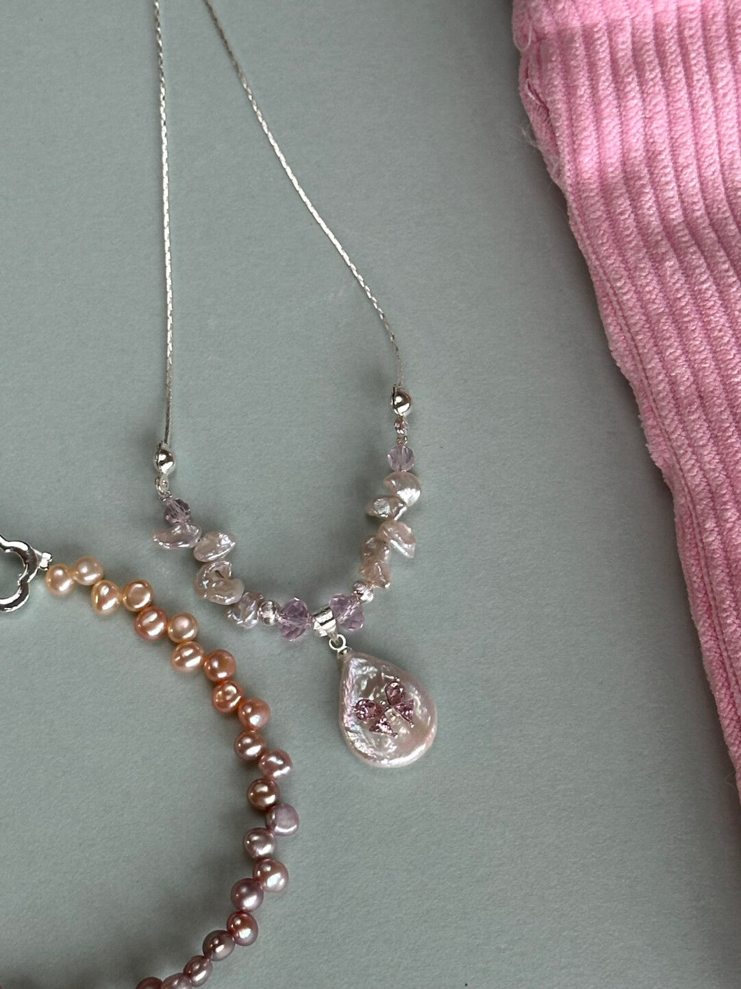 Pink Baroque Pearl Silver Beaded Necklace