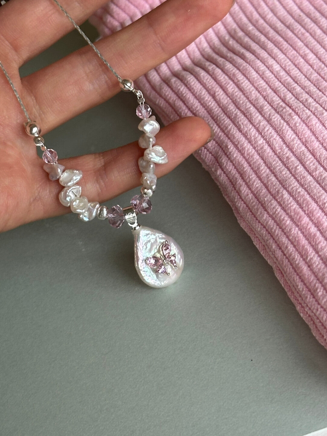 Pink Baroque Pearl Silver Beaded Necklace