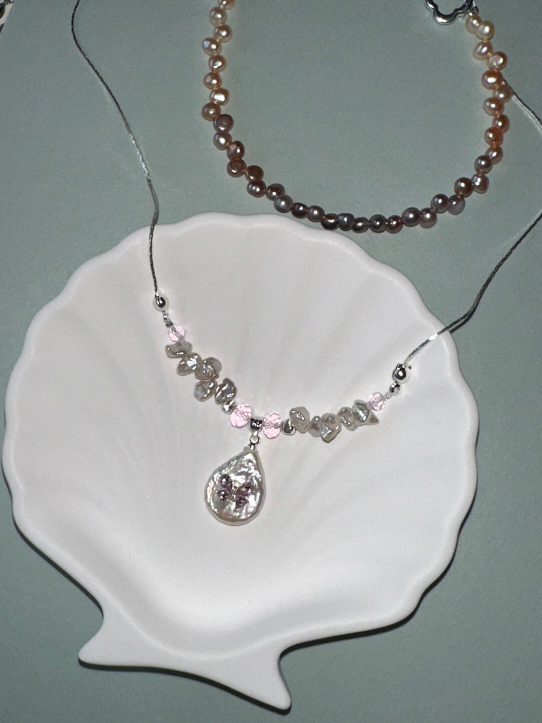 Pink Baroque Pearl Silver Beaded Necklace