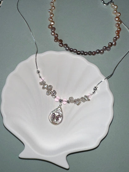 Pink Baroque Pearl Silver Beaded Necklace
