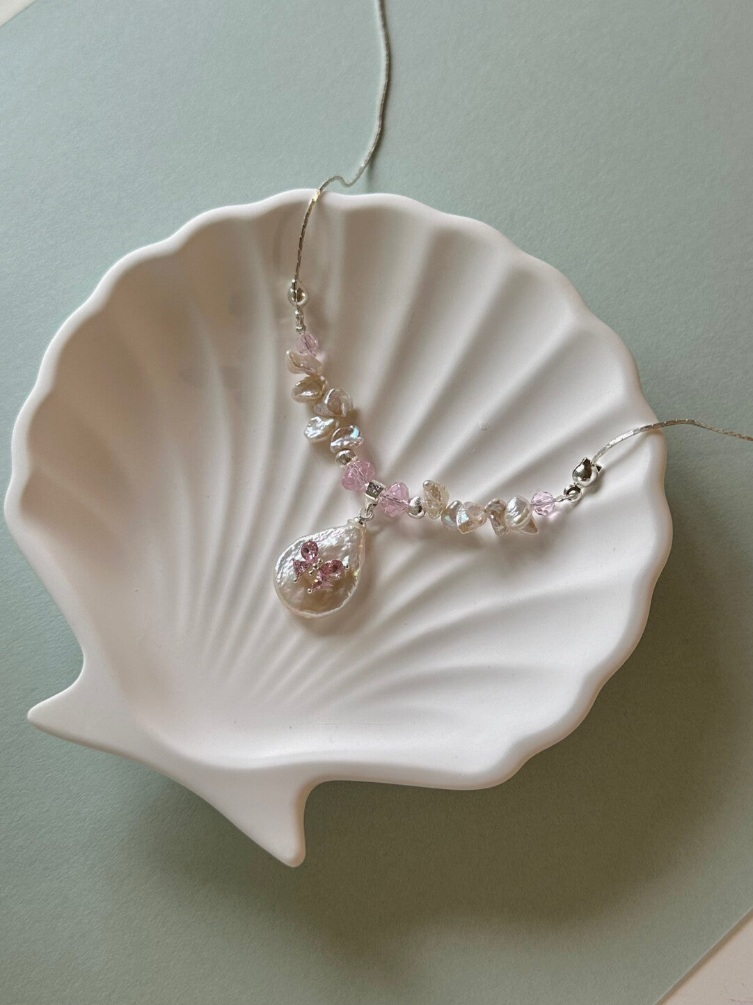 Pink Baroque Pearl Silver Beaded Necklace