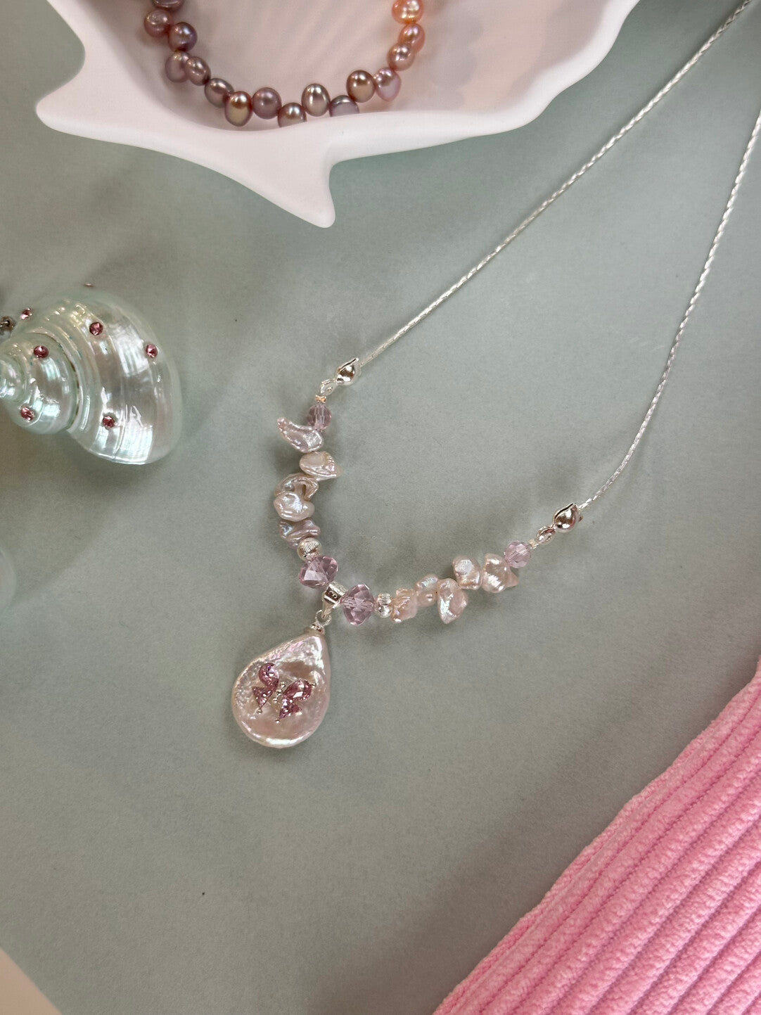 Pink Baroque Pearl Silver Beaded Necklace