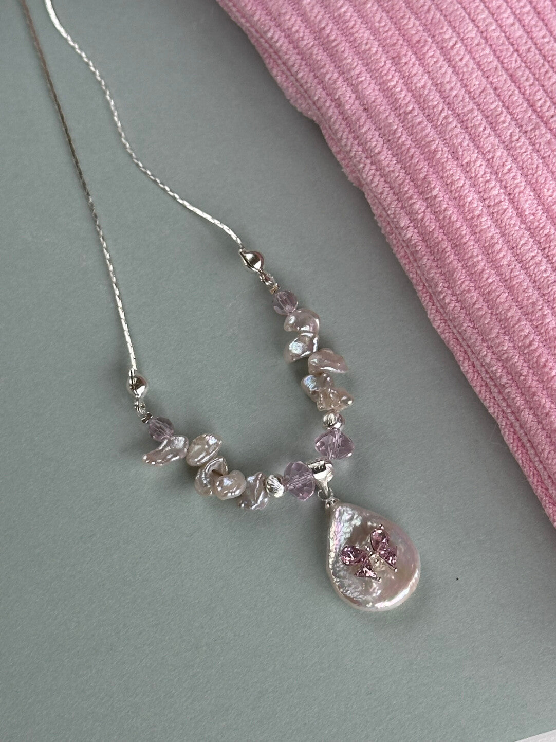 Pink Baroque Pearl Silver Beaded Necklace