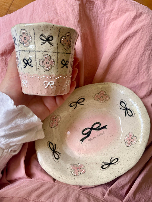Pink Black Bow Ceramic Cup Plate