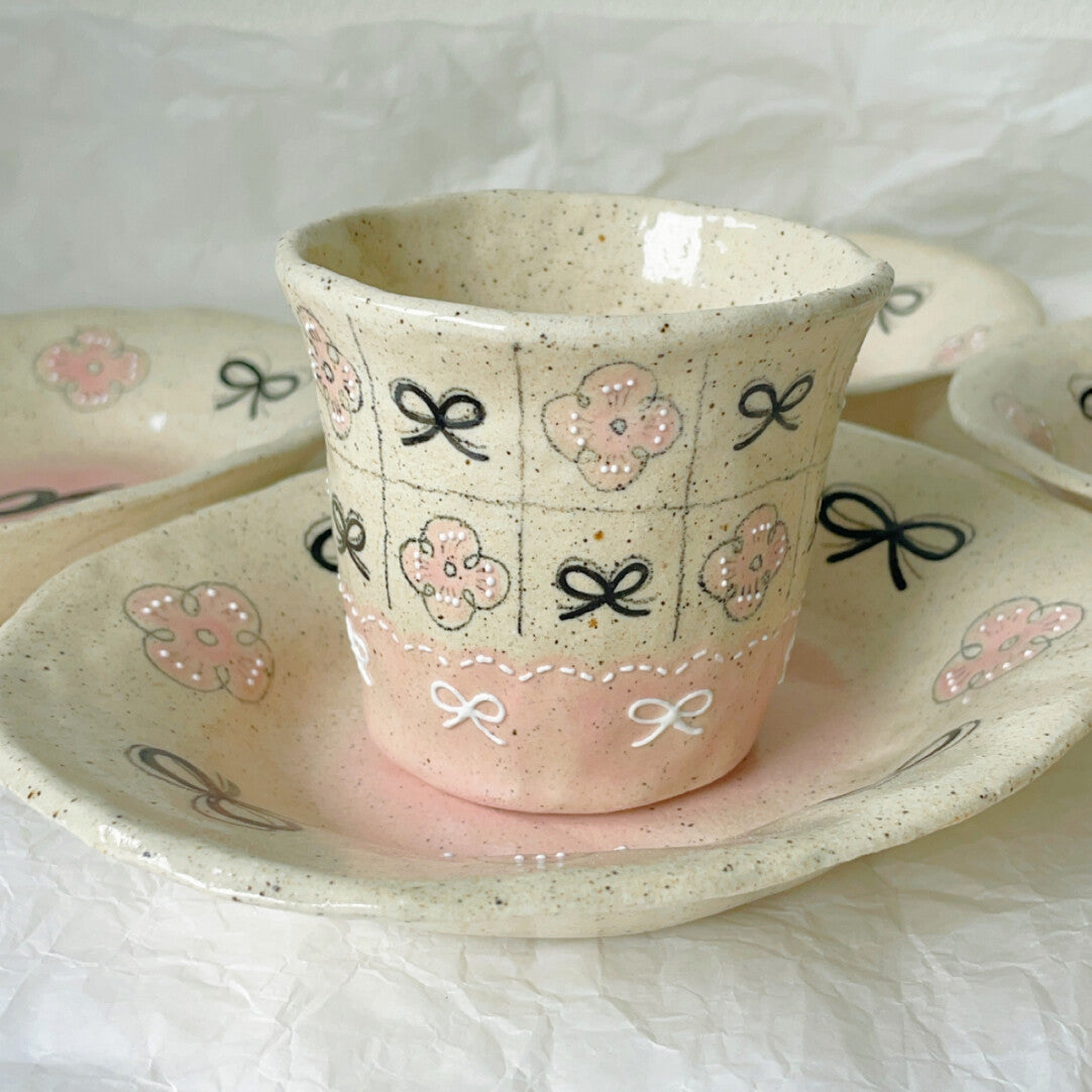 Pink Black Bow Ceramic Cup Plate