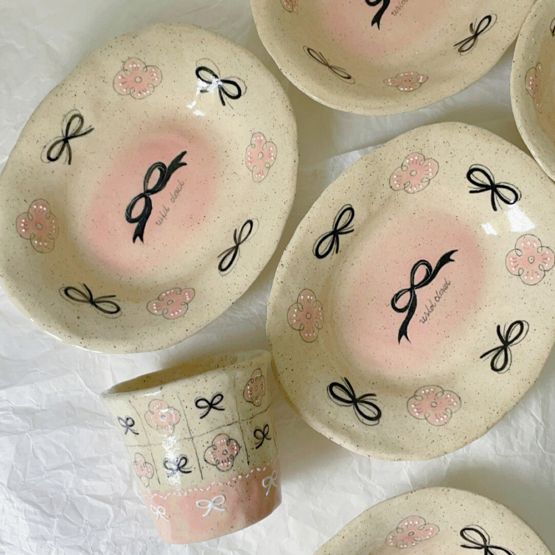 Pink Black Bow Ceramic Cup Plate