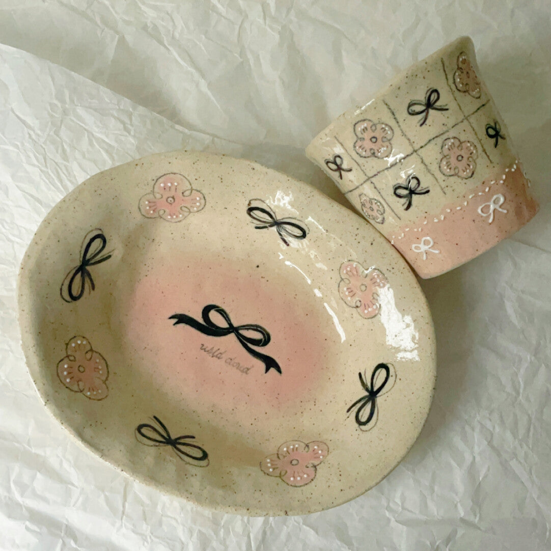 Pink Black Bow Ceramic Cup Plate