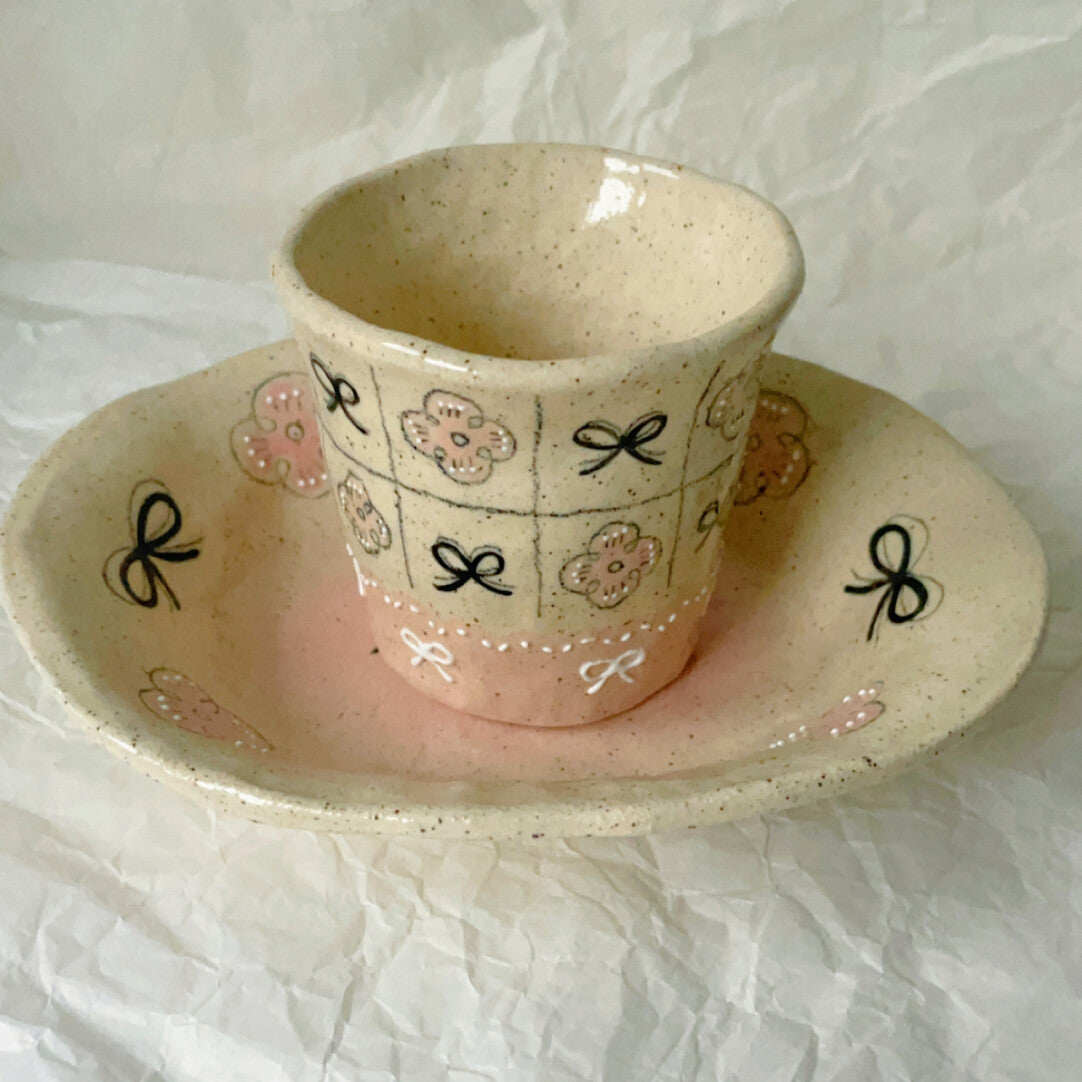 Pink Black Bow Ceramic Cup Plate