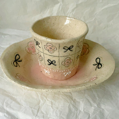 Pink Black Bow Ceramic Cup Plate