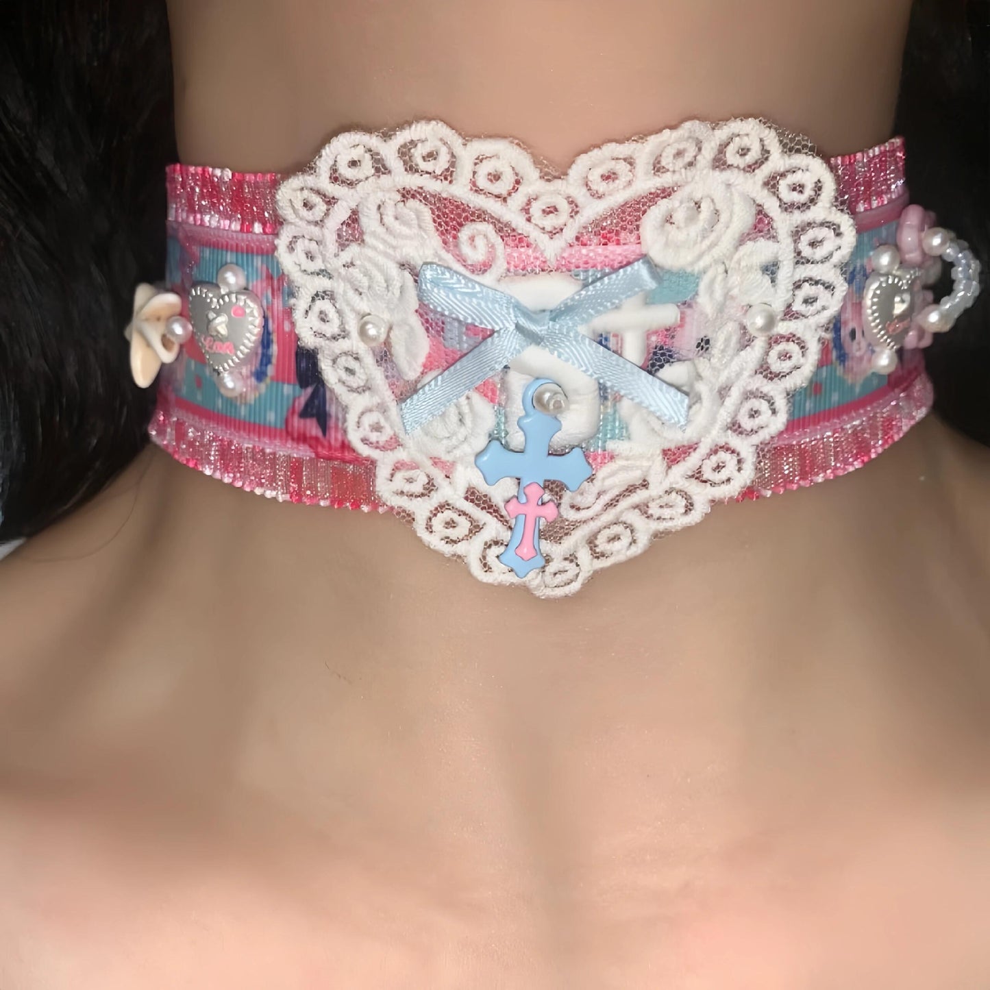 Pink Blue Heart Y2K Choker