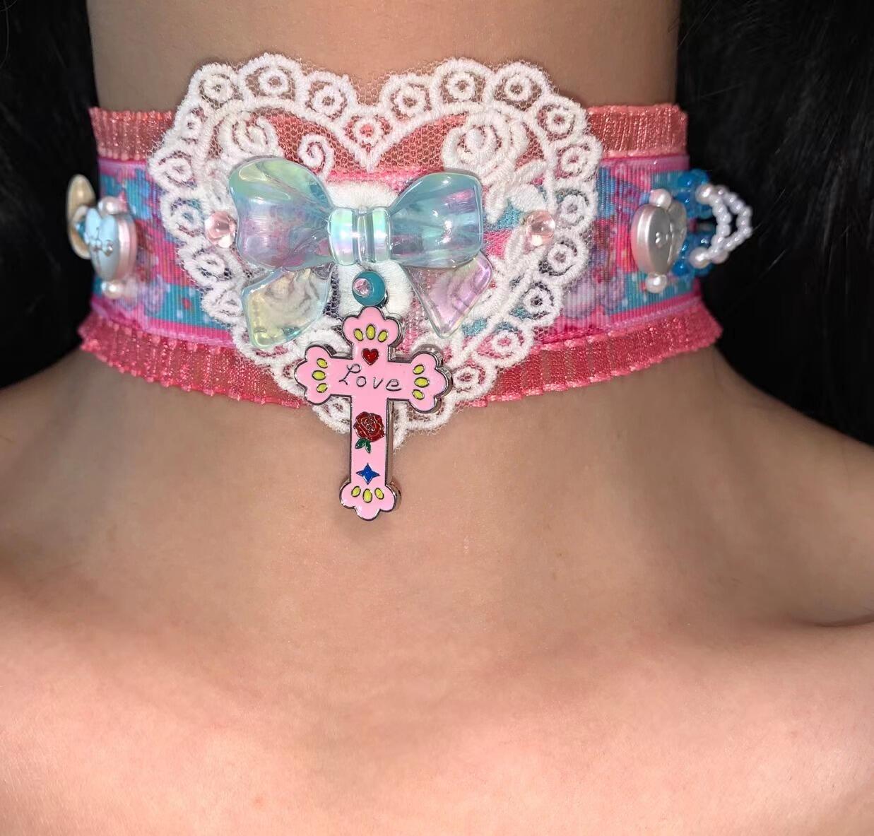 Pink Blue Heart Y2K Choker