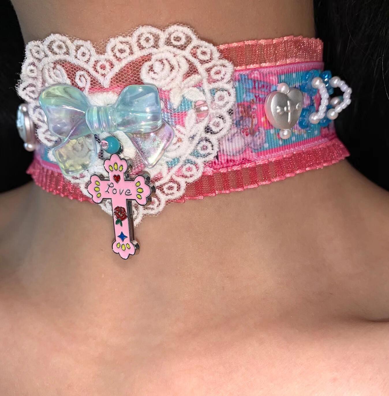 Pink Blue Heart Y2K Choker