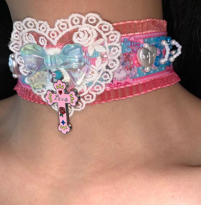 Pink Blue Heart Y2K Choker