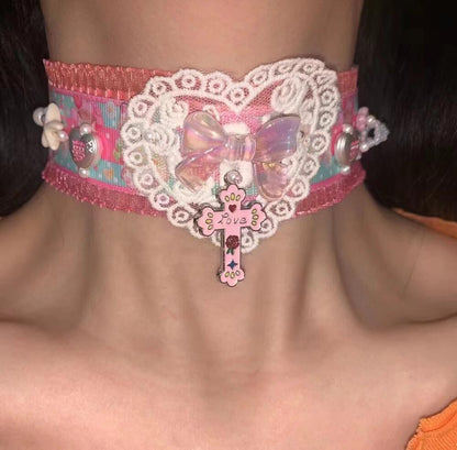 Pink Blue Heart Y2K Choker