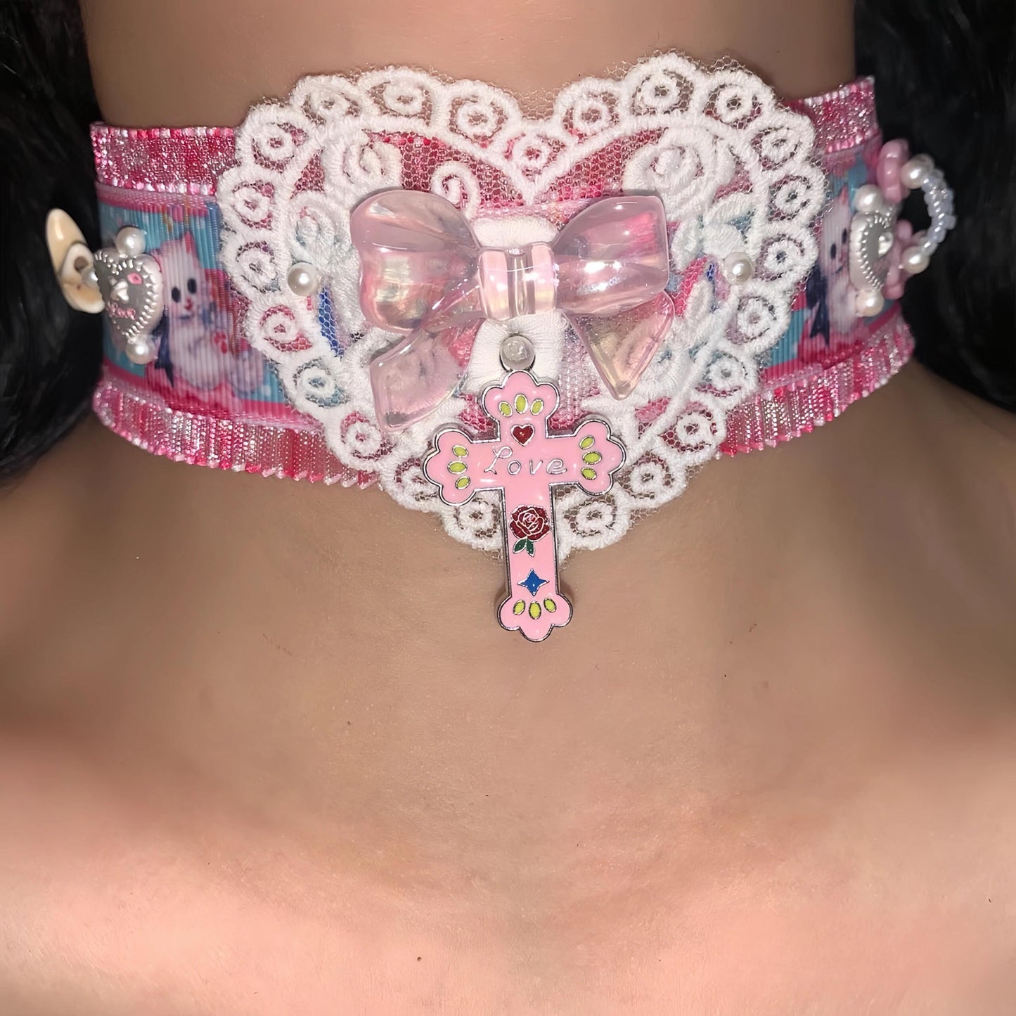 Pink Blue Heart Y2K Choker