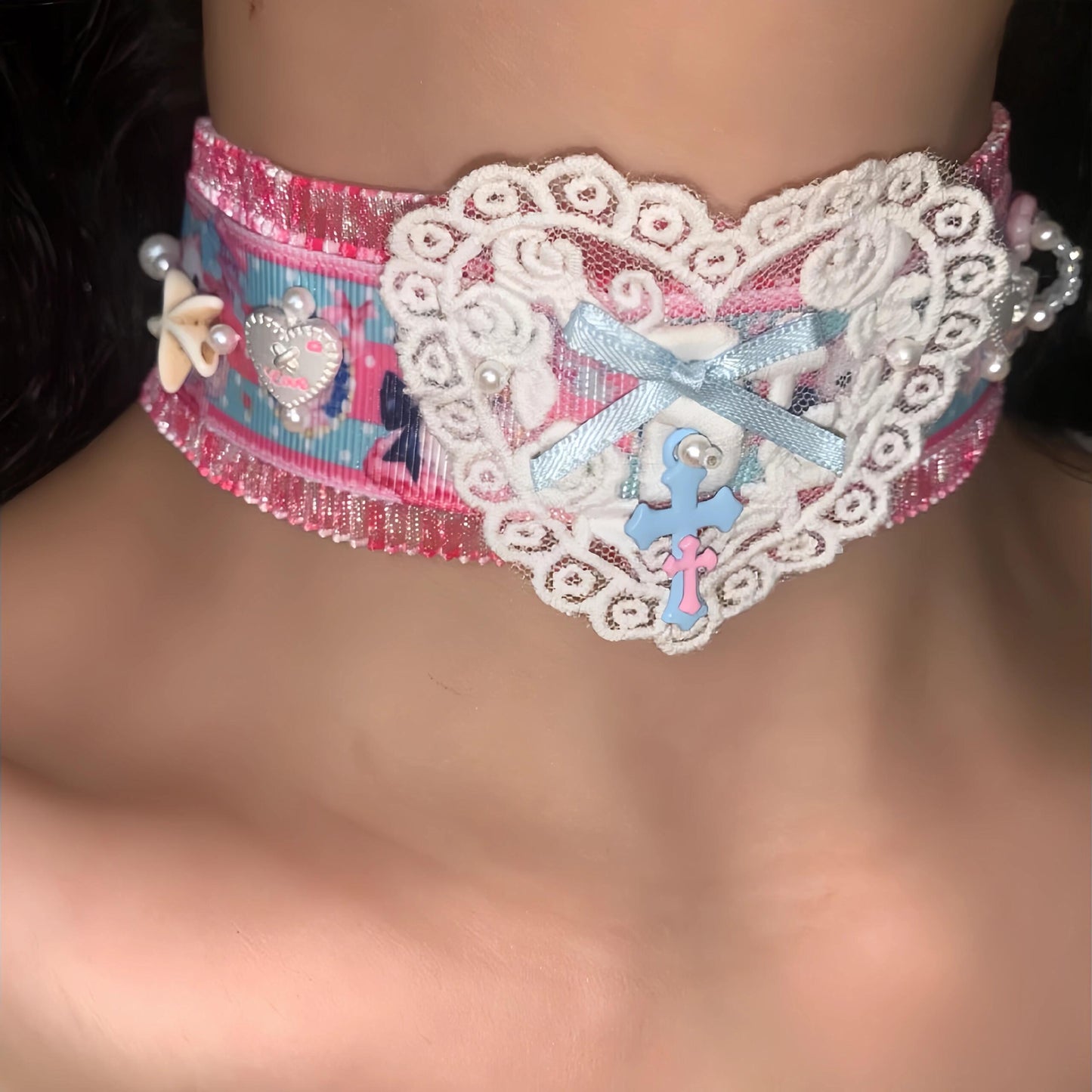 Pink Blue Heart Y2K Choker