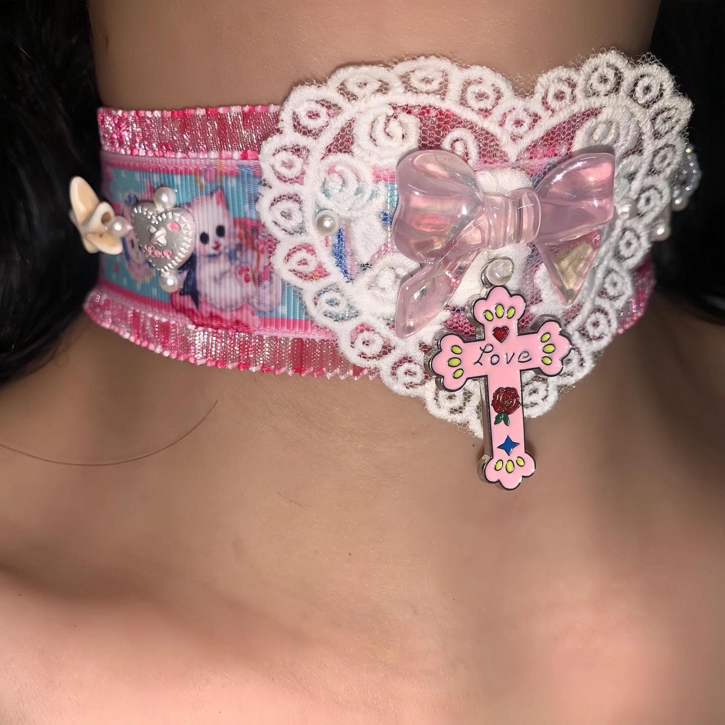 Pink Blue Heart Y2K Choker