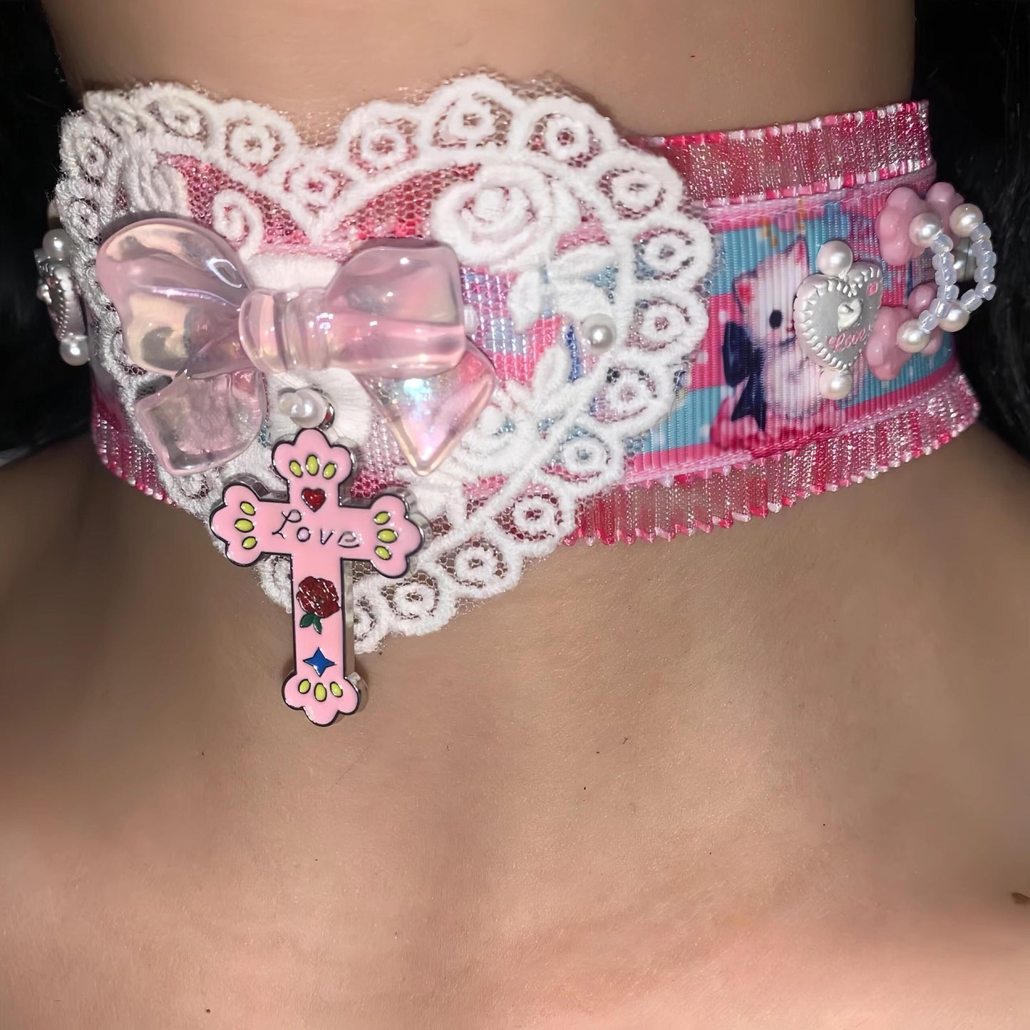 Pink Blue Heart Y2K Choker