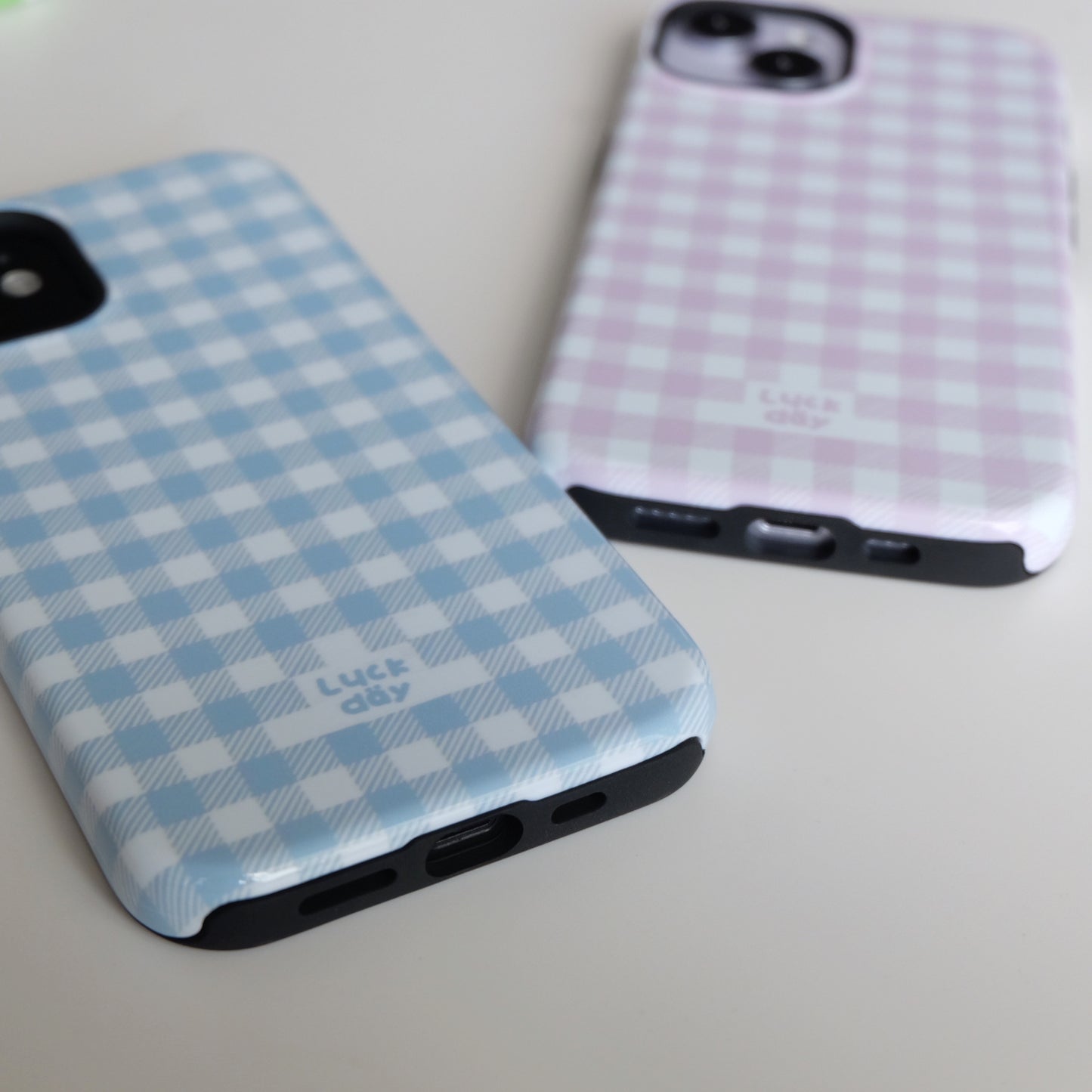 Pink Blue Plaid Double Layer Couple Phone Case