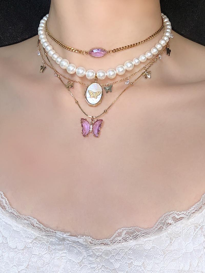 Butterfly Pendant Pearl Layered Choker Necklace