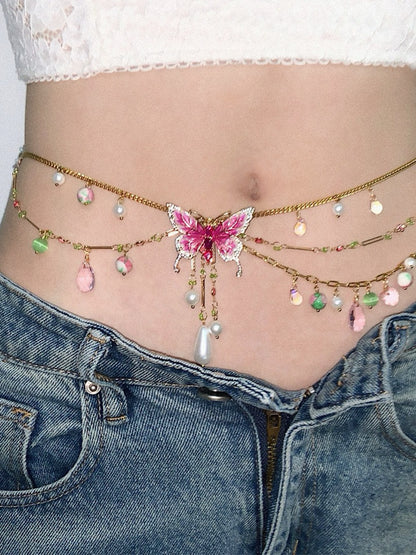 Pink Butterfly Pendant Tassel Layered Necklace Waist Chain