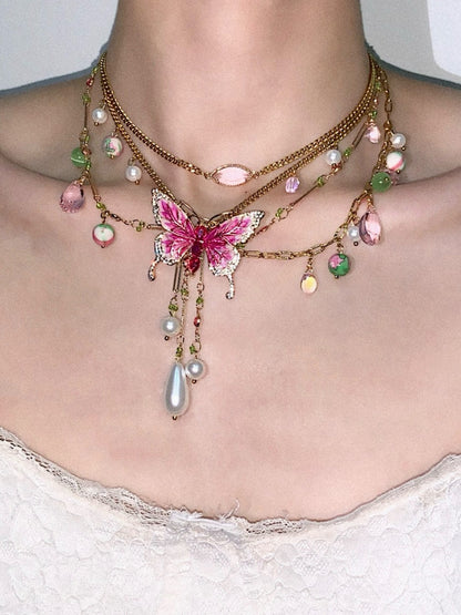 Pink Butterfly Pendant Tassel Layered Necklace Waist Chain
