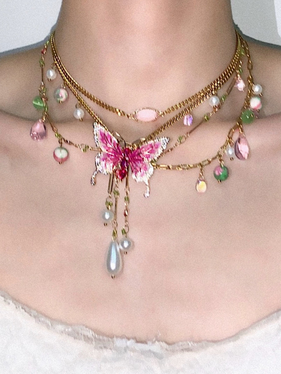 Pink Butterfly Pendant Tassel Layered Necklace Waist Chain