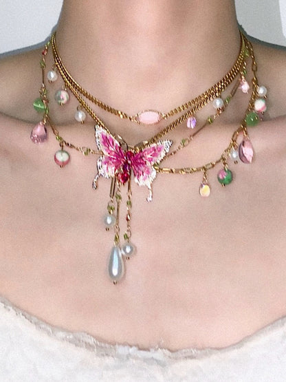 Pink Butterfly Pendant Tassel Layered Necklace Waist Chain