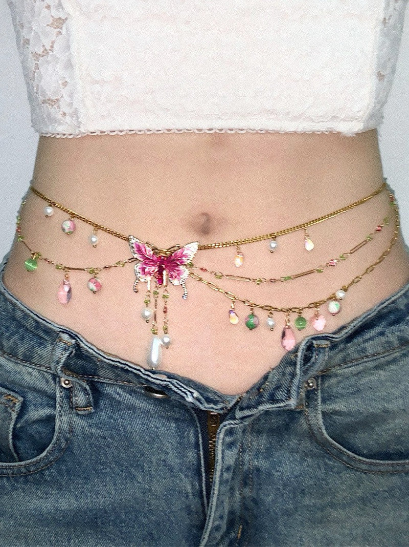 Pink Butterfly Pendant Tassel Layered Necklace Waist Chain