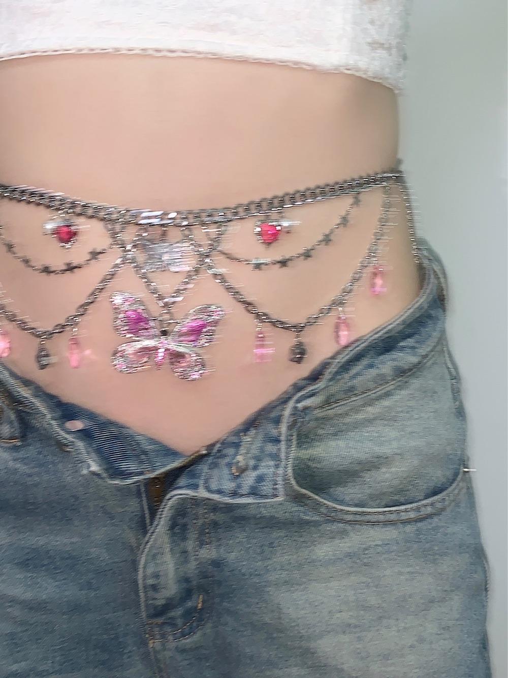 Pink Butterfly Pendant Tassel Layered Necklace Waist Chain