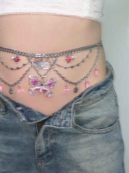 Pink Butterfly Pendant Tassel Layered Necklace Waist Chain