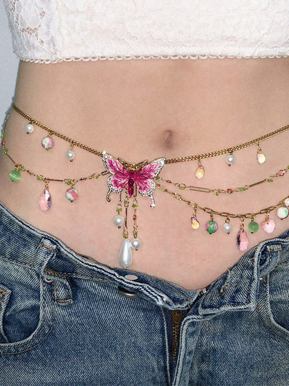 Pink Butterfly Pendant Tassel Layered Necklace Waist Chain