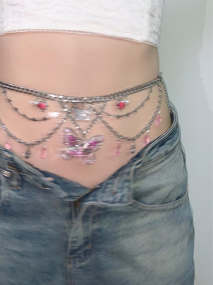 Pink Butterfly Pendant Tassel Layered Necklace Waist Chain