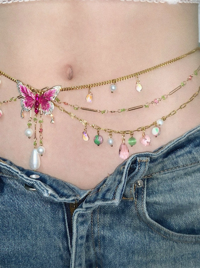 Pink Butterfly Pendant Tassel Layered Necklace Waist Chain