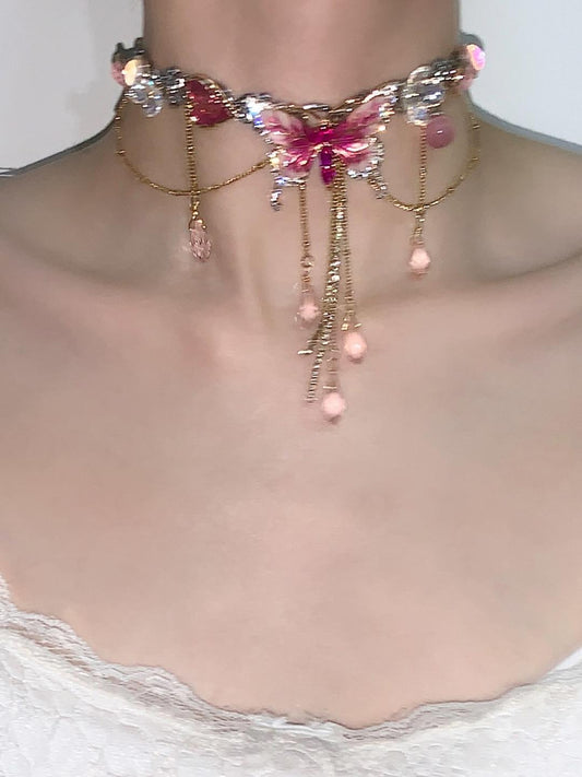Pink Butterfly Pendant Tassel Necklace Waist Chain