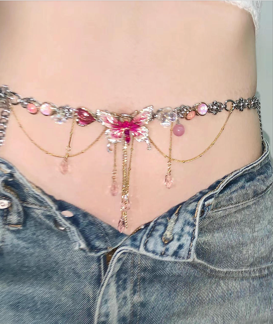 Pink Butterfly Pendant Tassel Necklace Waist Chain