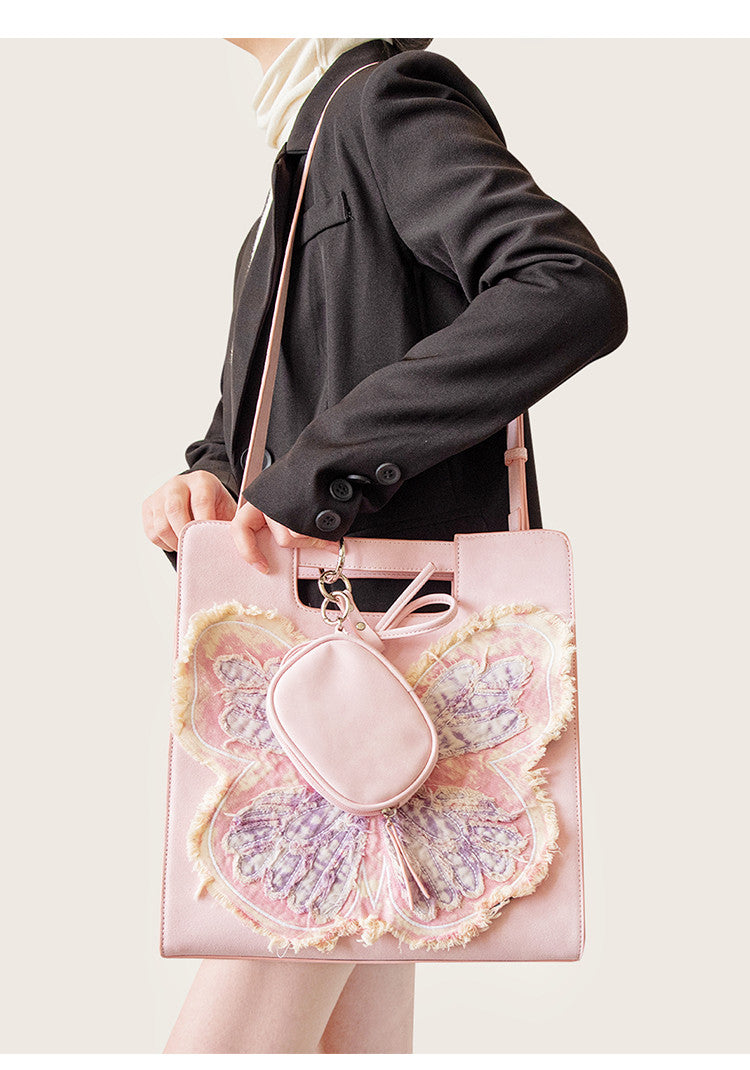 Pink Butterfly Crossbody Tote Bag