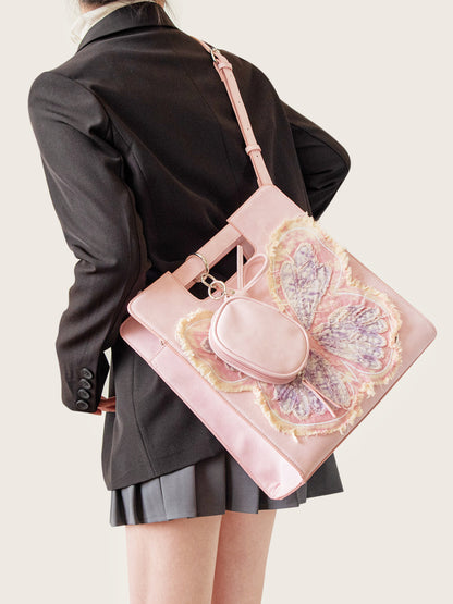 Pink Butterfly Crossbody Tote Bag