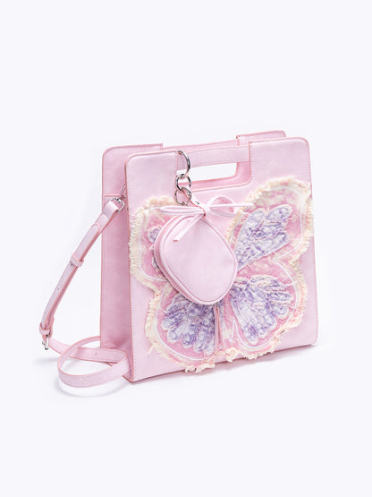 Pink Butterfly Crossbody Tote Bag