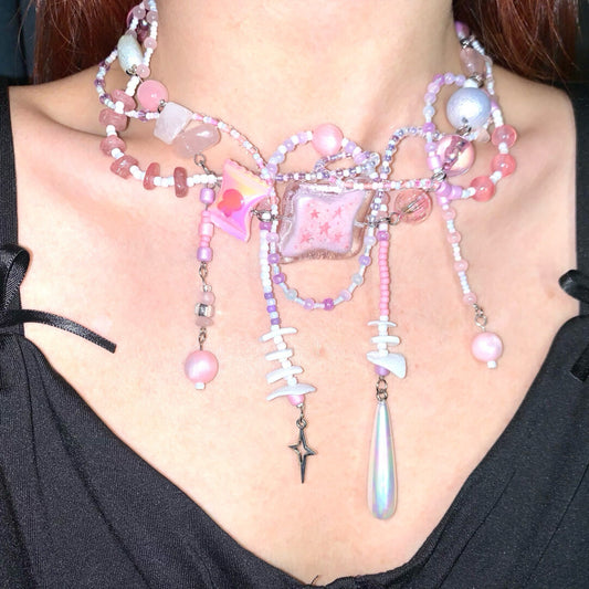 Pink Clay Star Tassel Beaded Necklace