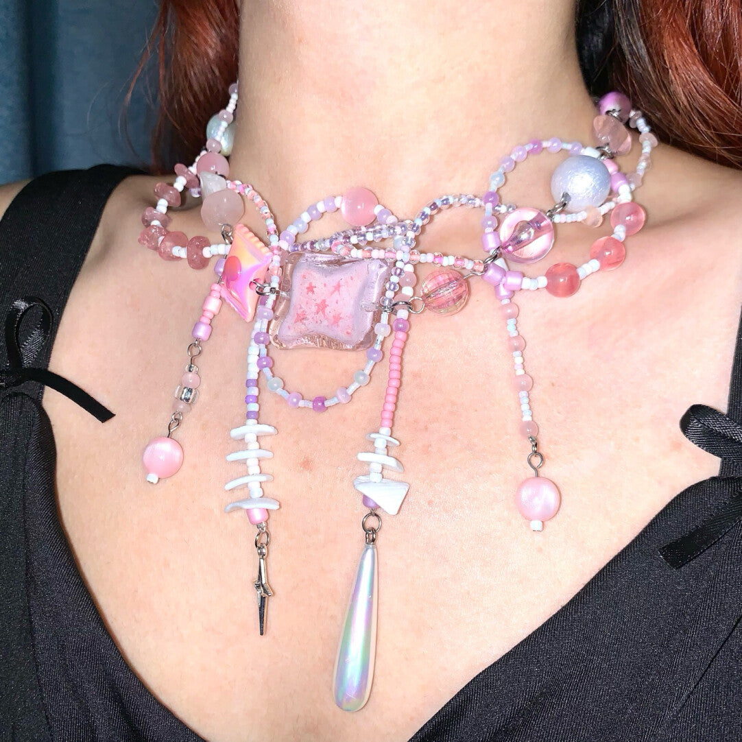 Pink Clay Star Tassel Beaded Necklace