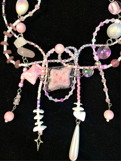 Pink Clay Star Tassel Beaded Necklace