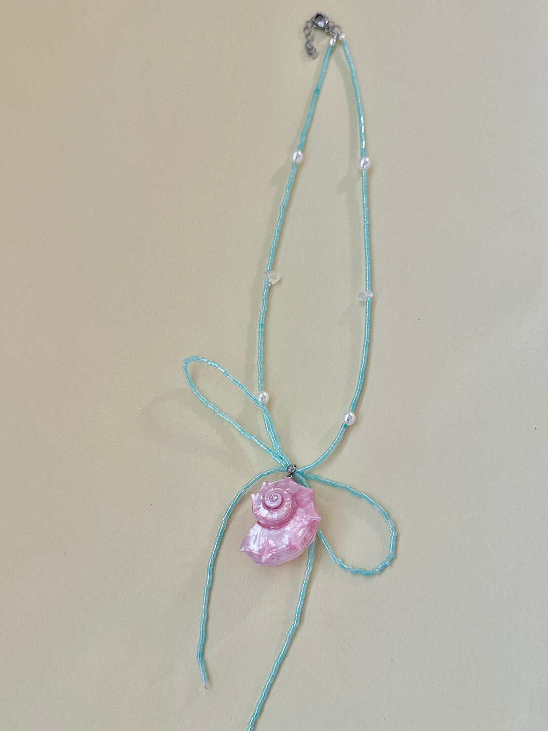 Pink Conch Mint Beaded Bow Necklace