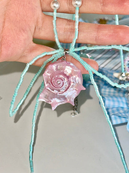 Pink Conch Mint Beaded Bow Necklace