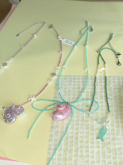 Pink Conch Mint Beaded Bow Necklace