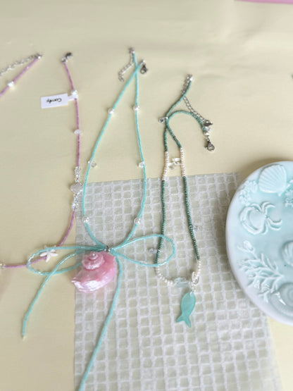 Pink Conch Mint Beaded Bow Necklace