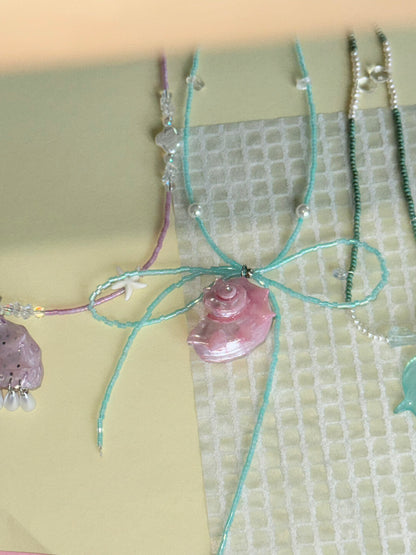 Pink Conch Mint Beaded Bow Necklace