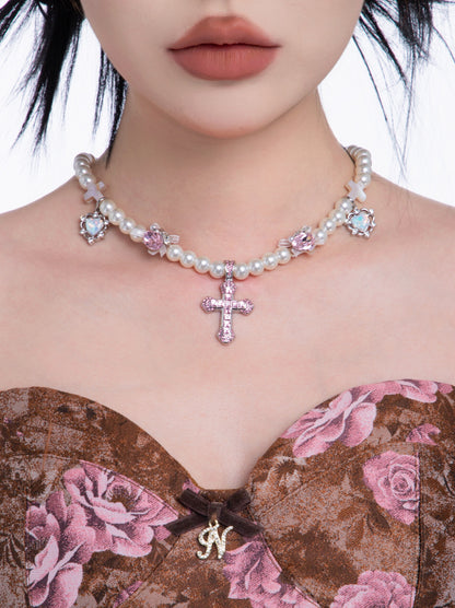 Pink Cross Pendant Pearl Necklace