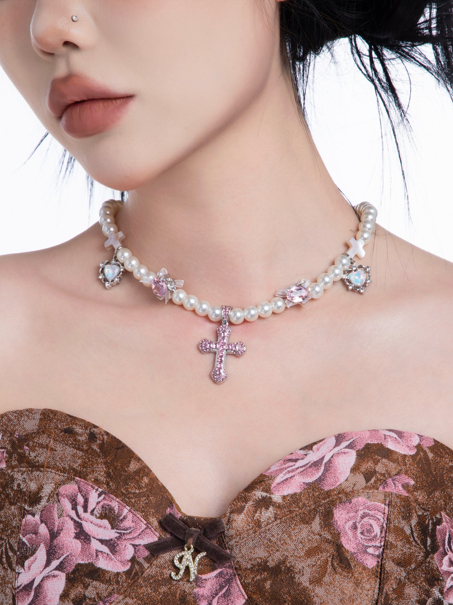 Pink Cross Pendant Pearl Necklace