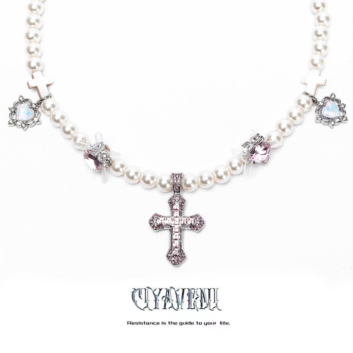 Pink Cross Pendant Pearl Necklace